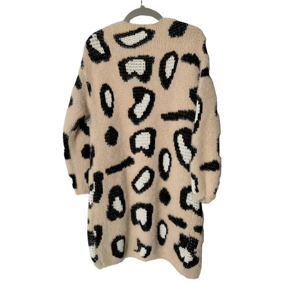 Bibi Sz S Leopard Print Longline Duster Eyelash Cardigan Sweater Tan Open Front - Picture 2 of 7